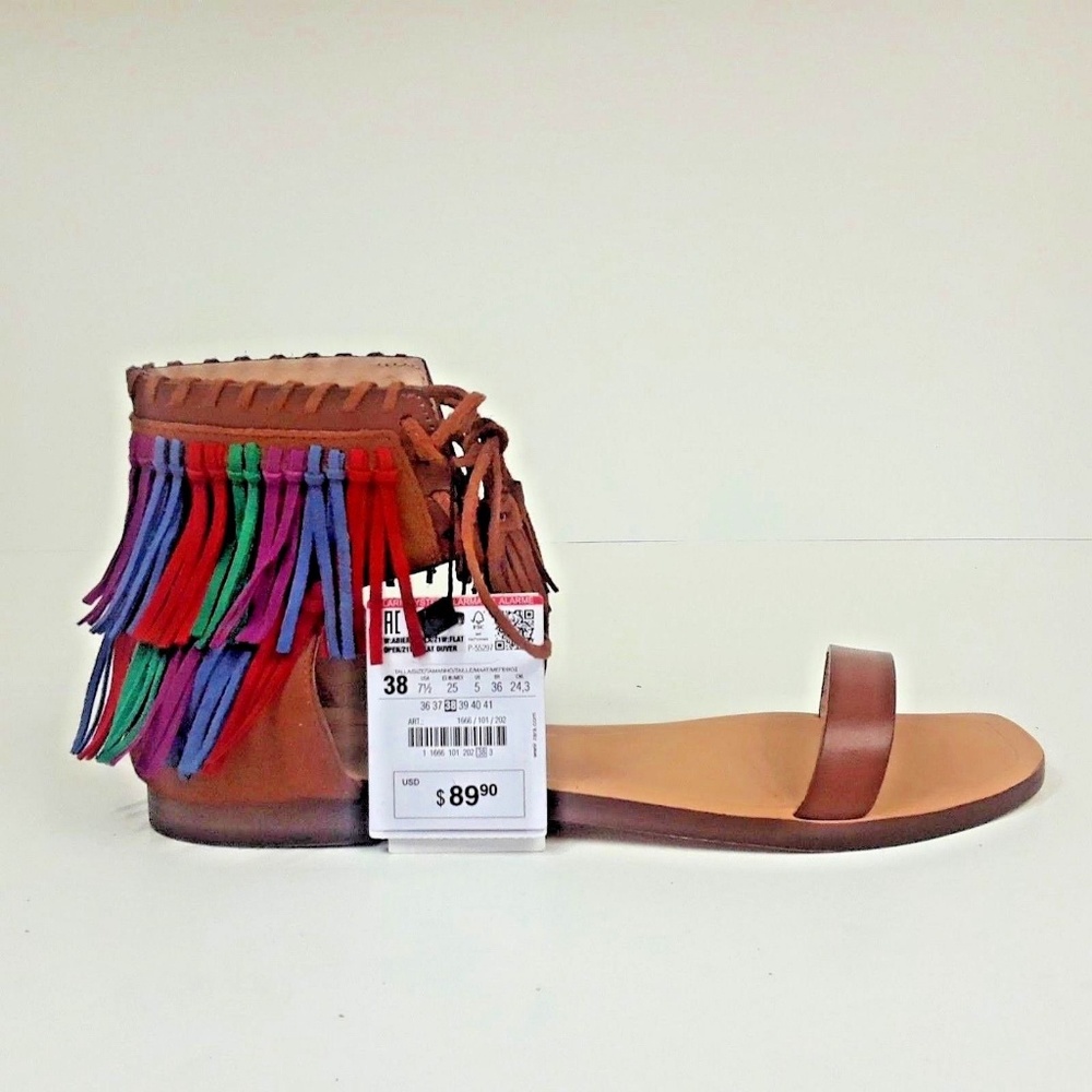 New Zara Leather Boho Summer Fringe Tassel 7.5 - Picture 4 of 8